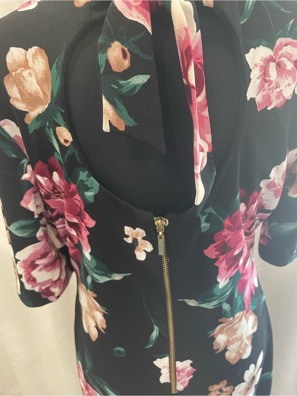Wedding Ready!!! Black Floral Midi Dress with Gold Zip Peek a boo back